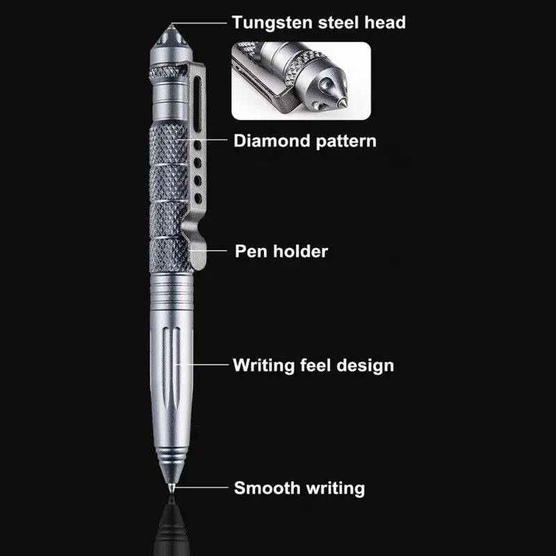 Aluminum Survival Pen with Tungsten Glass Breaker, Anti-Slip Grip & Pocket Clip